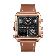 Rose gold watch with brown leather strap on a white background