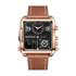 Rose gold watch with brown leather strap on a white background