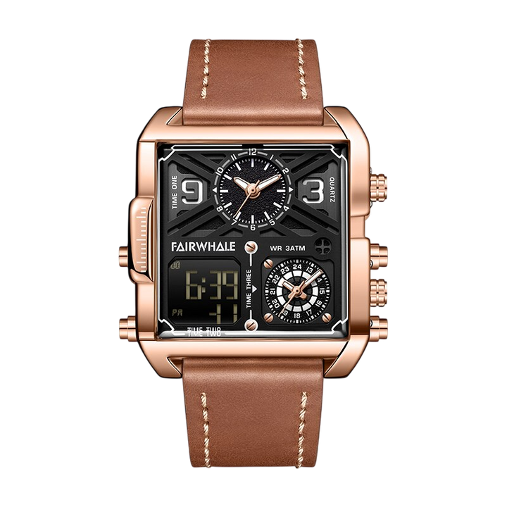 Rose gold watch with brown leather strap on a white background