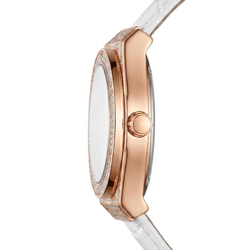 Rose gold watch with clear strap on a white background
