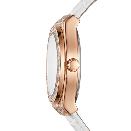 Rose gold watch with clear strap on a white background