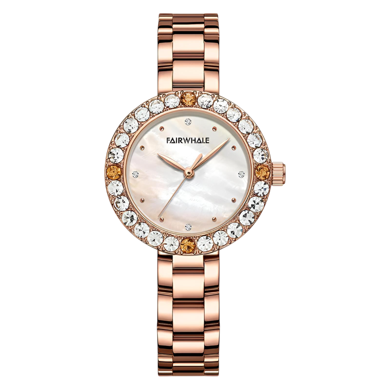 Rose gold watch with crystal embellishments on a white background