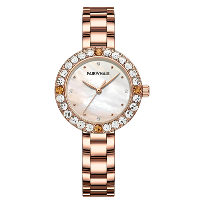 Rose gold watch with crystal embellishments on a white background