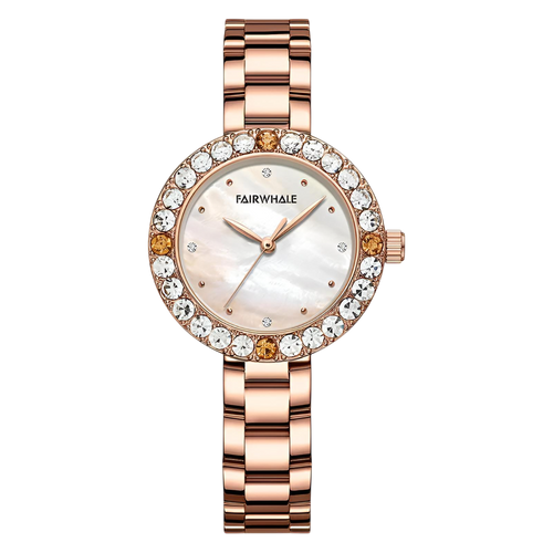 Rose gold watch with crystal embellishments on a white background