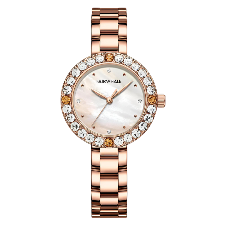 Rose gold watch with crystal embellishments on a white background
