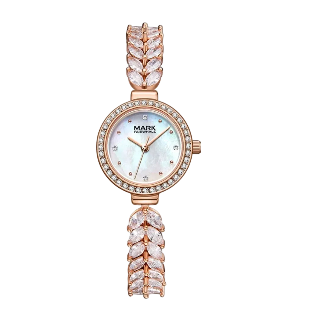 Rose gold watch with decorative elements on a white background