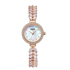 Rose gold watch with decorative elements on a white background