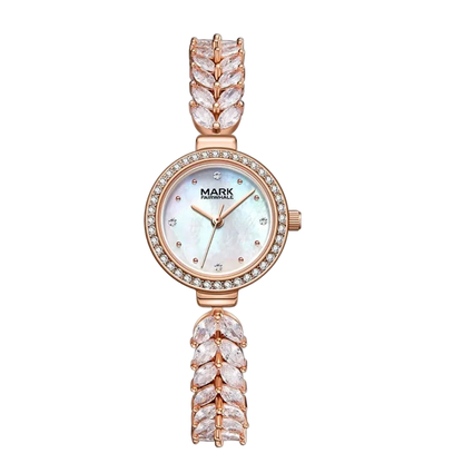 Rose gold watch with decorative elements on a white background