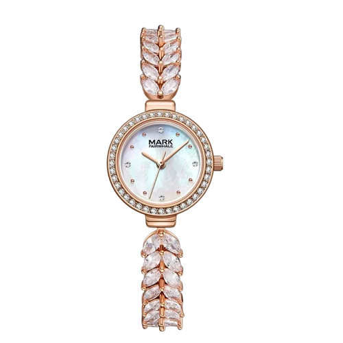 Rose gold watch with decorative elements on a white background
