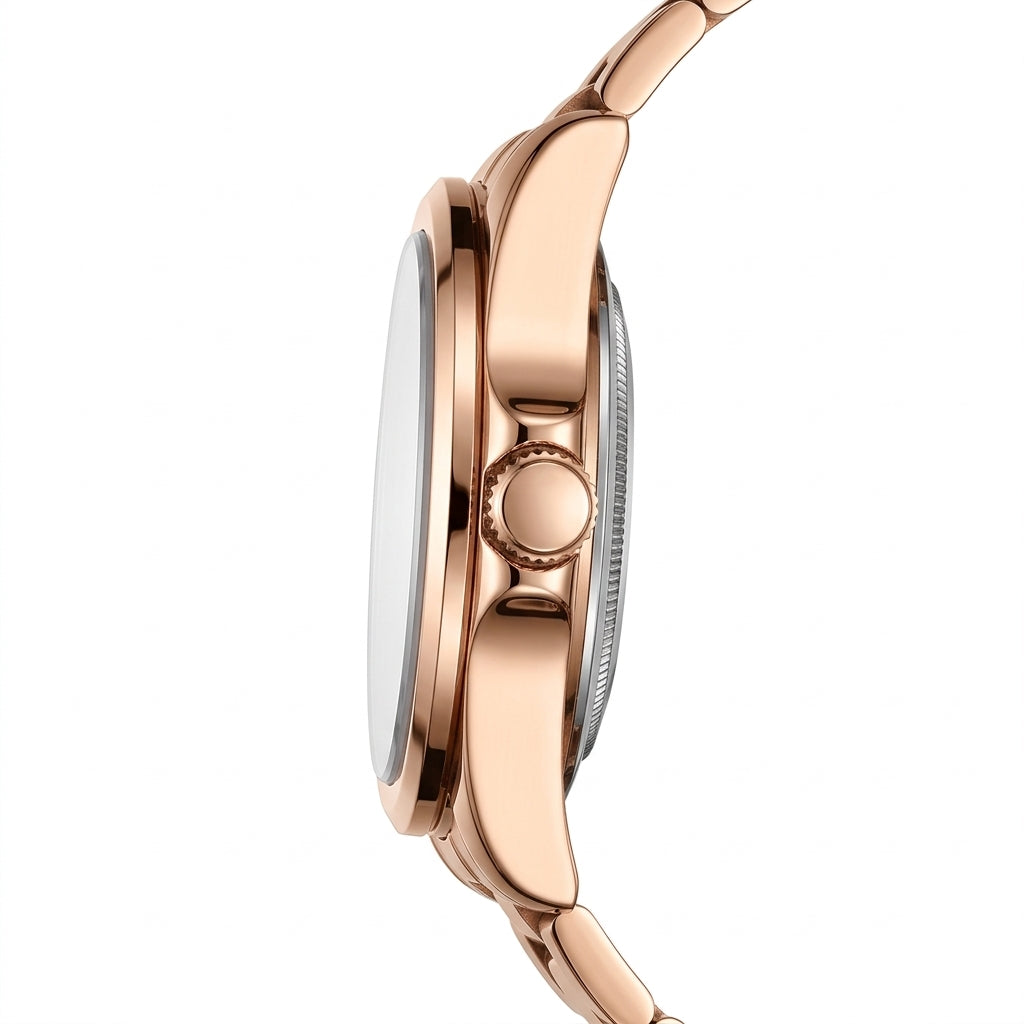 Rose gold watch with detailed design on a white background