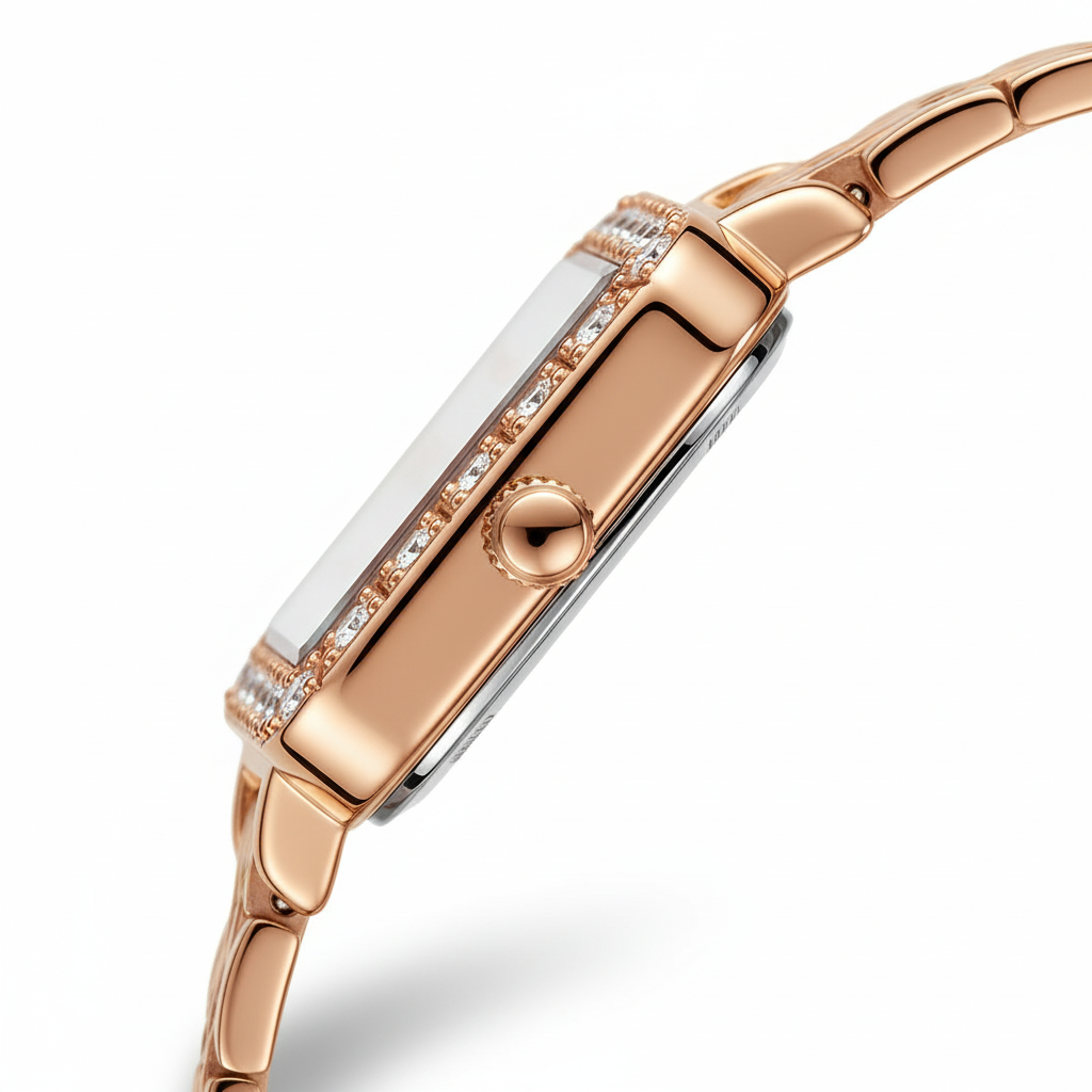 Rose gold watch with diamond accents on a white background