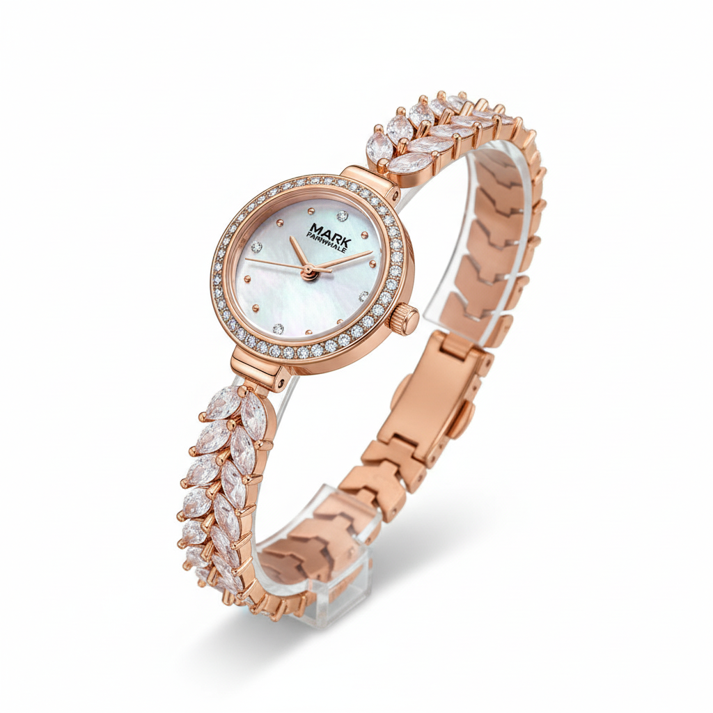 Rose gold watch with diamond-studded bracelet on a white background