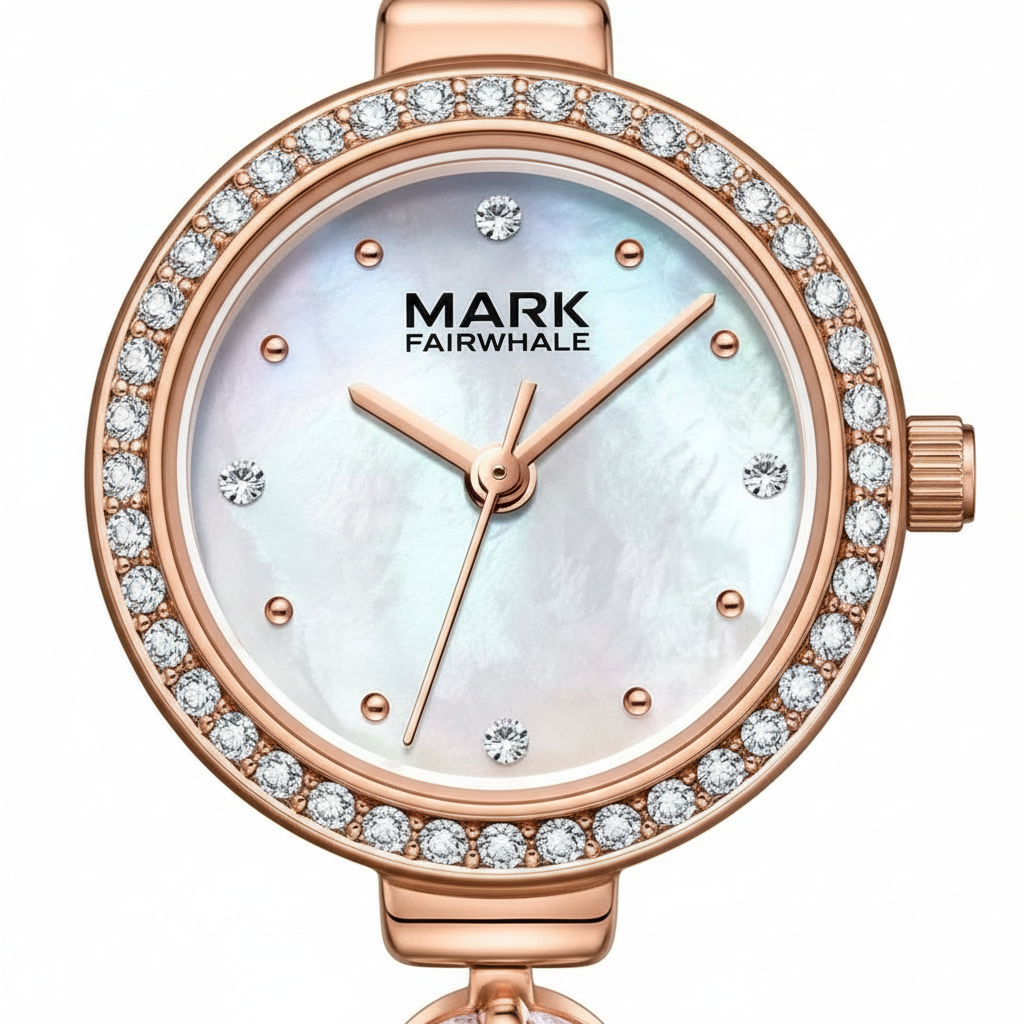 Rose gold watch with diamond accents and 'Mark Fairwhale' branding on a white background