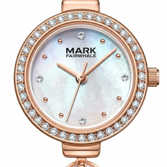 Rose gold watch with diamond accents and 'Mark Fairwhale' branding on a white background