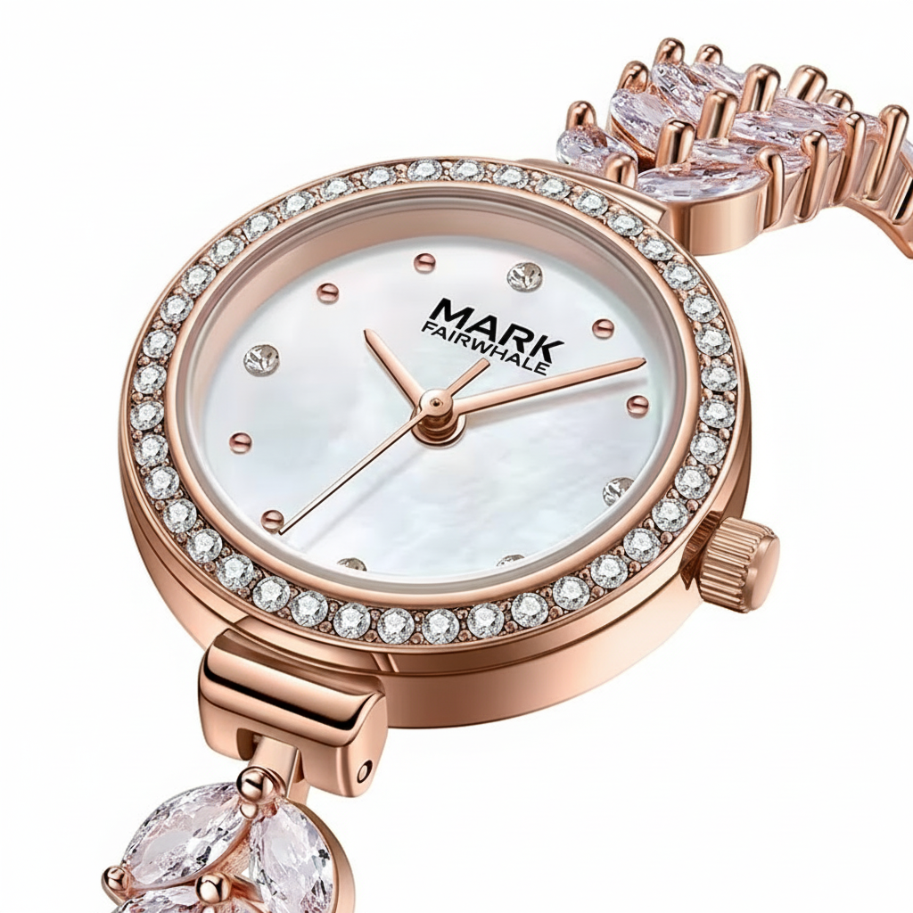 Rose gold watch with diamond accents on a white background