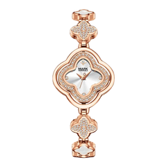 Rose gold watch with diamond accents on a white background