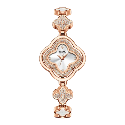 Rose gold watch with diamond accents on a white background