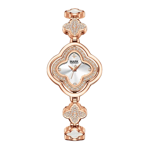 Rose gold watch with diamond accents on a white background