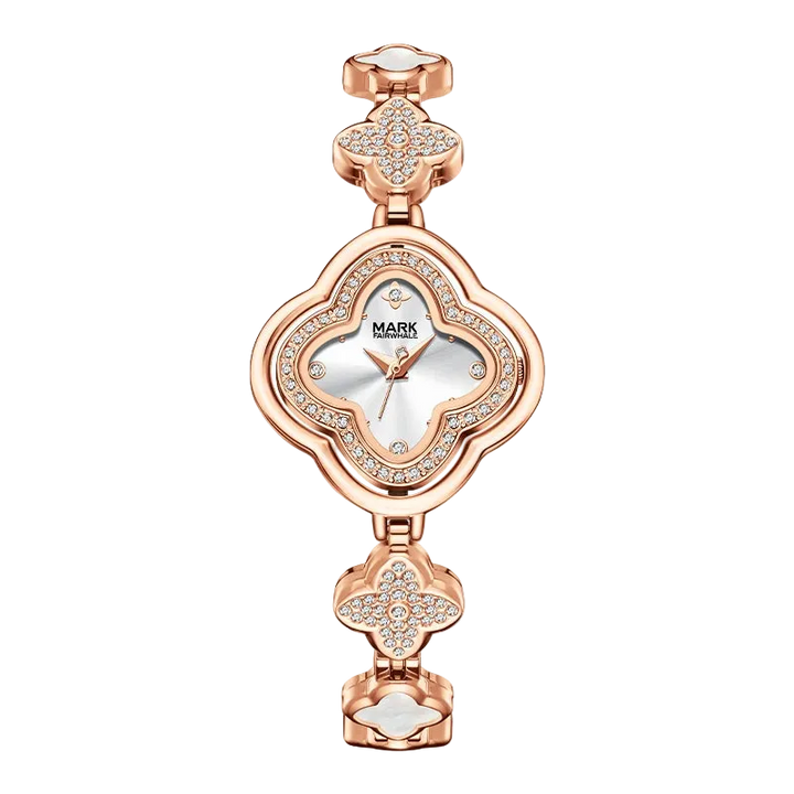 Rose gold watch with diamond accents on a white background