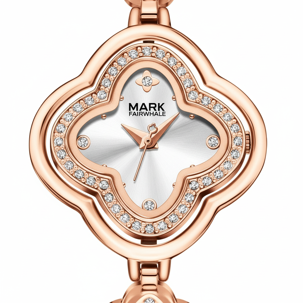 Rose gold watch with diamond accents on a white background, featuring the brand 'Mark Fairwhale'.
