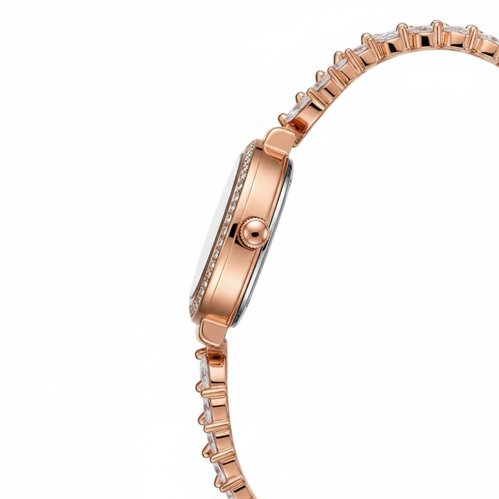 Rose gold watch with diamond-studded bracelet on a white background