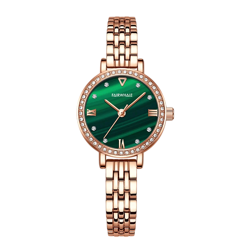 Rose gold watch with green face and diamond accents on a white background