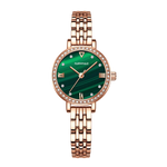 Rose gold watch with green face and diamond accents on a white background