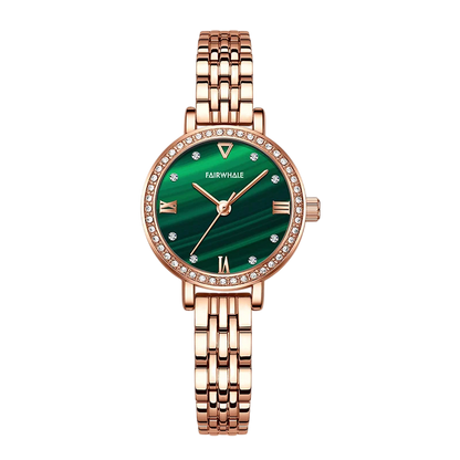 Rose gold watch with green face and diamond accents on a white background