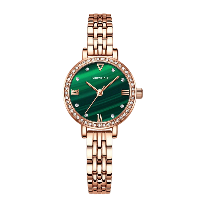 Rose gold watch with green face and diamond accents on a white background