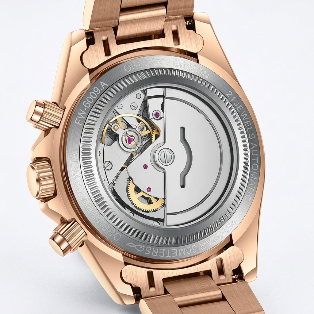 Rose gold watch with mechanical components on a light gray background