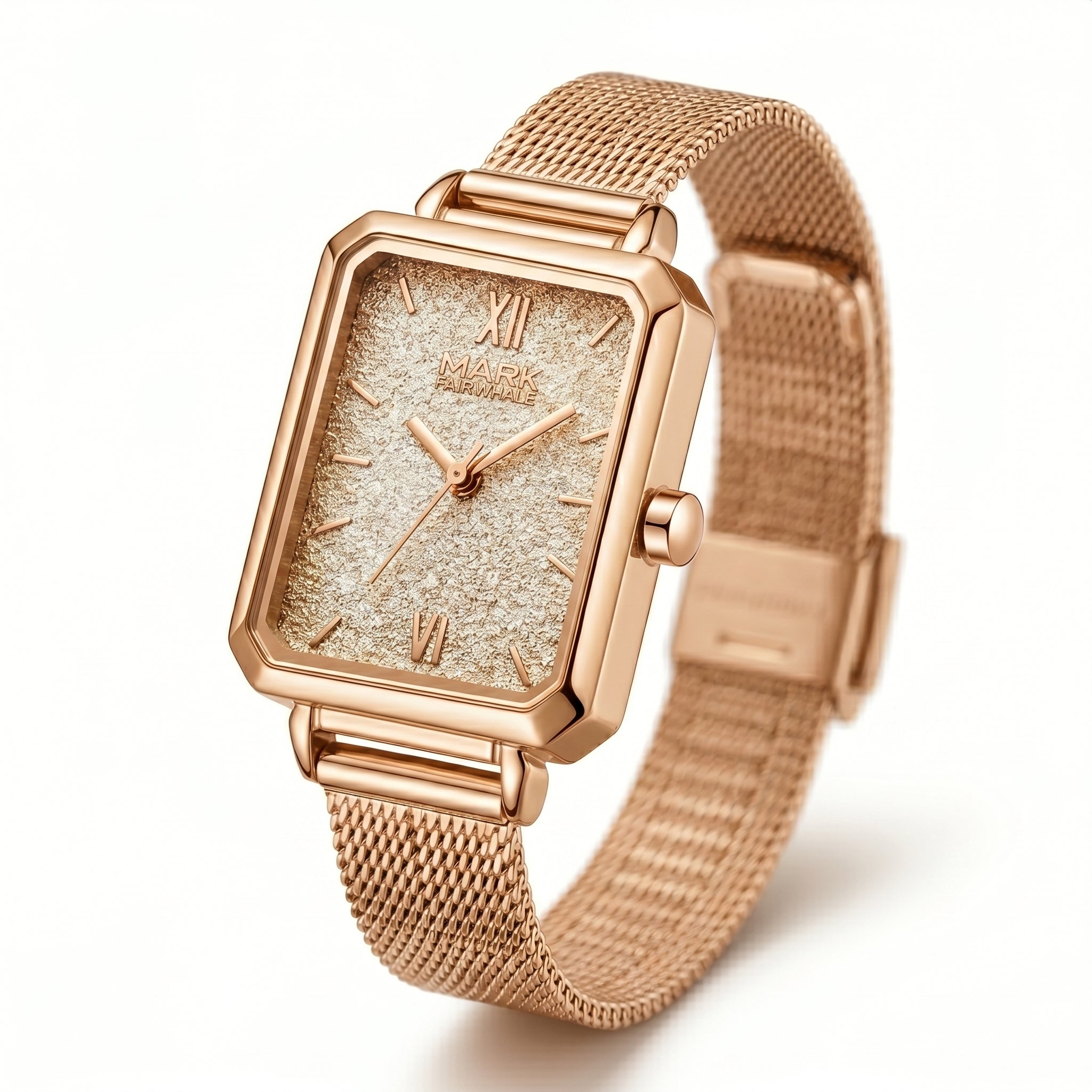 Rose gold watch with mesh band on a white background