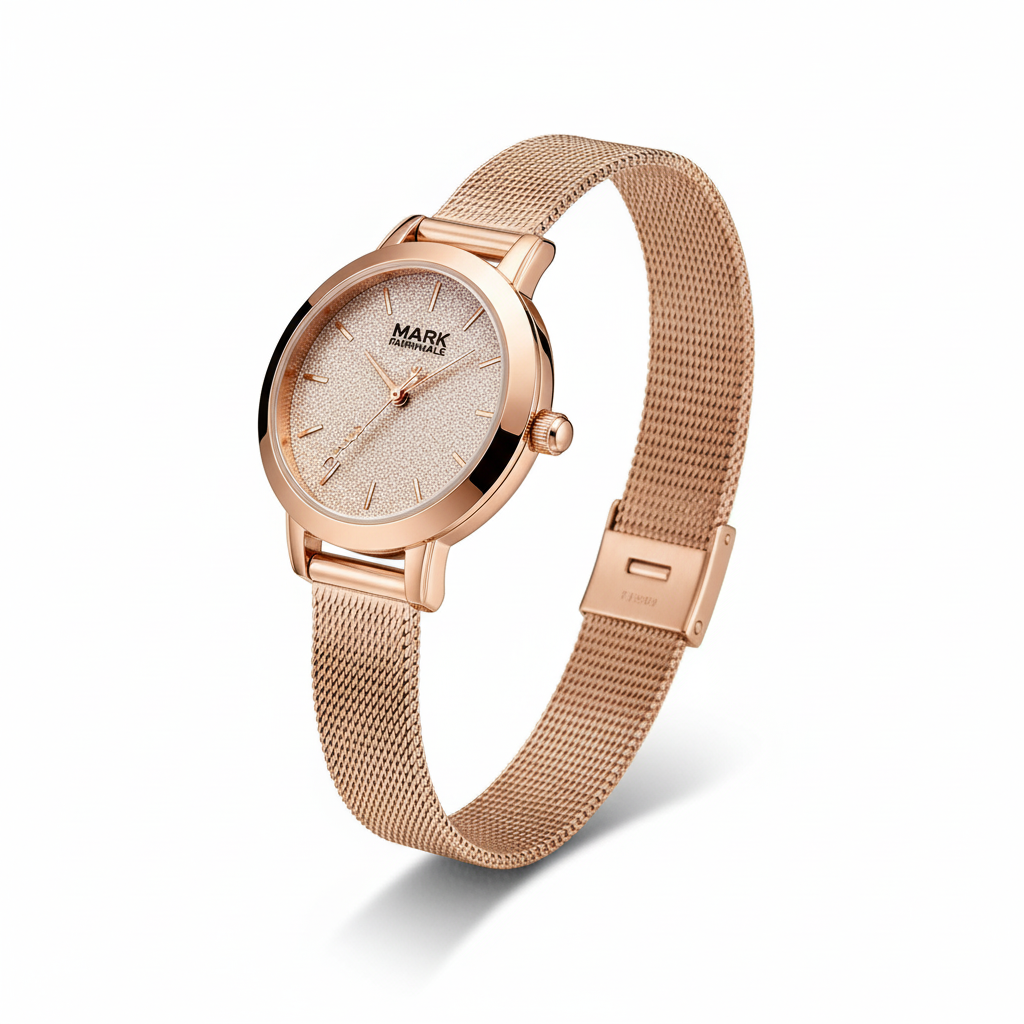 Rose gold watch with mesh band on a white background