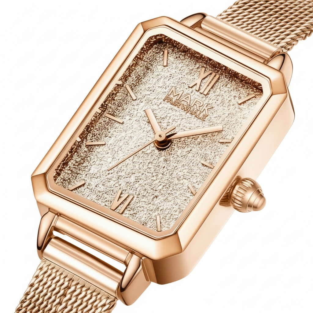 Rose gold watch with textured face and mesh band on a white background
