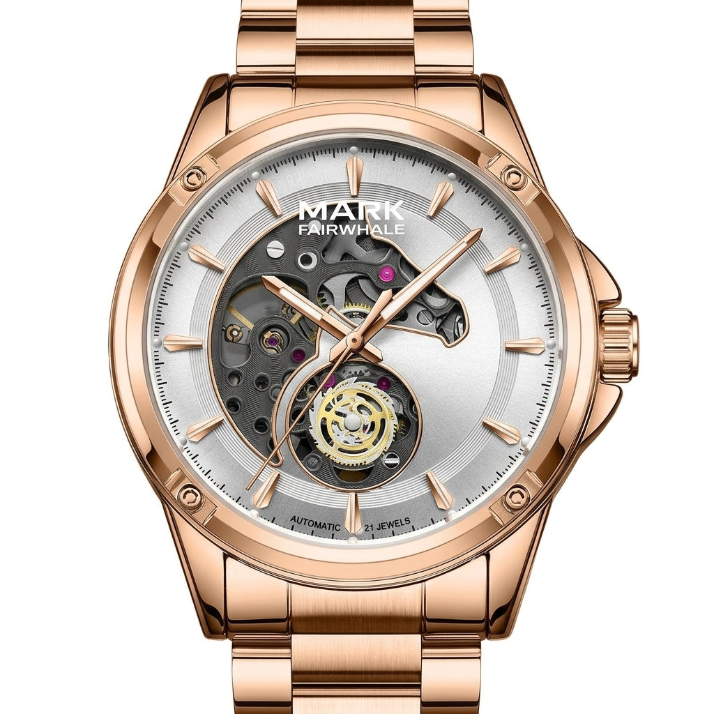 Rose gold watch with visible brand name on a white background