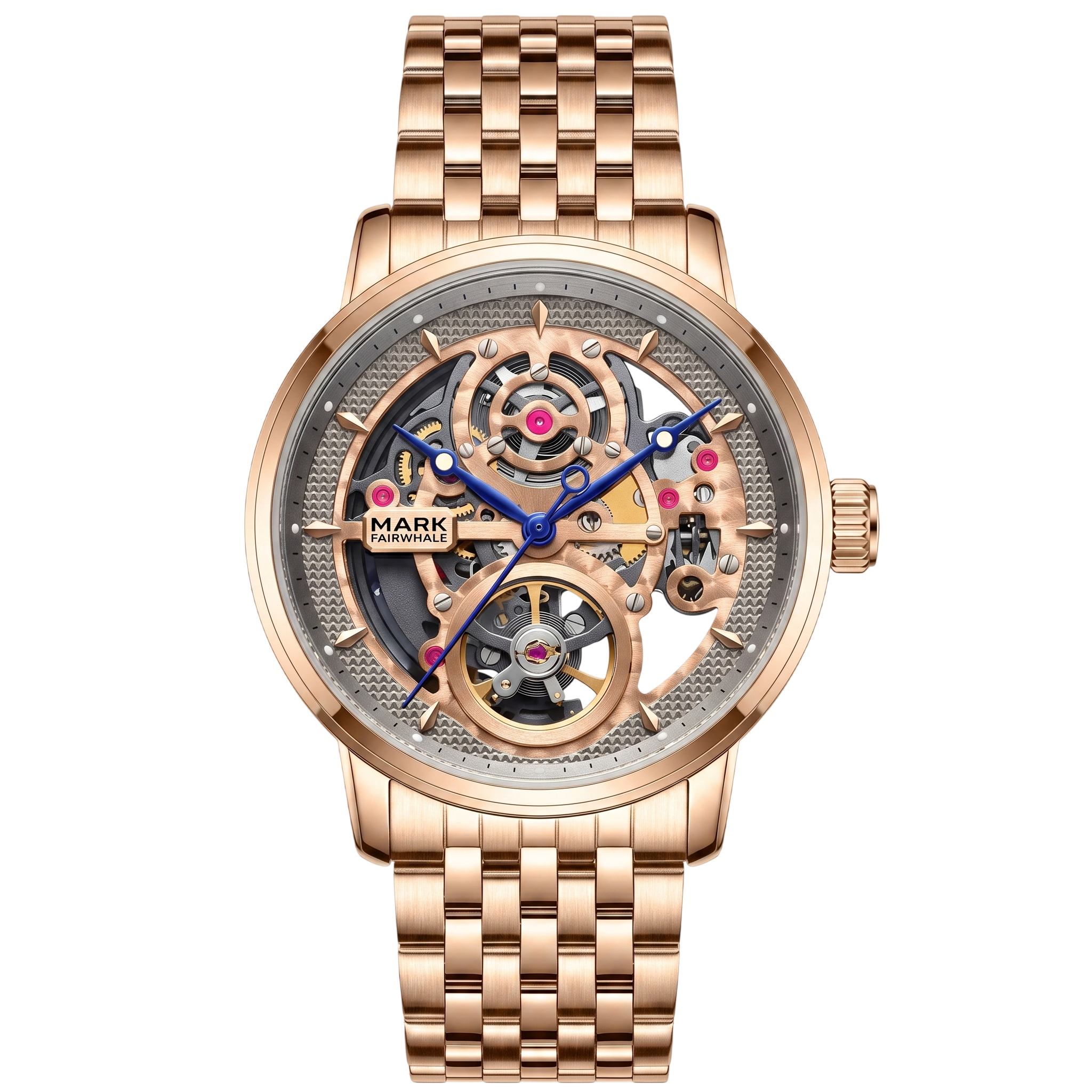 Rose gold watch with visible mechanical components on a white background