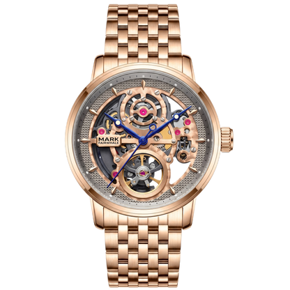 Rose gold watch with visible mechanical components on a white background