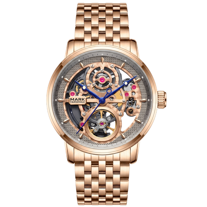 Rose gold watch with visible mechanical components on a white background