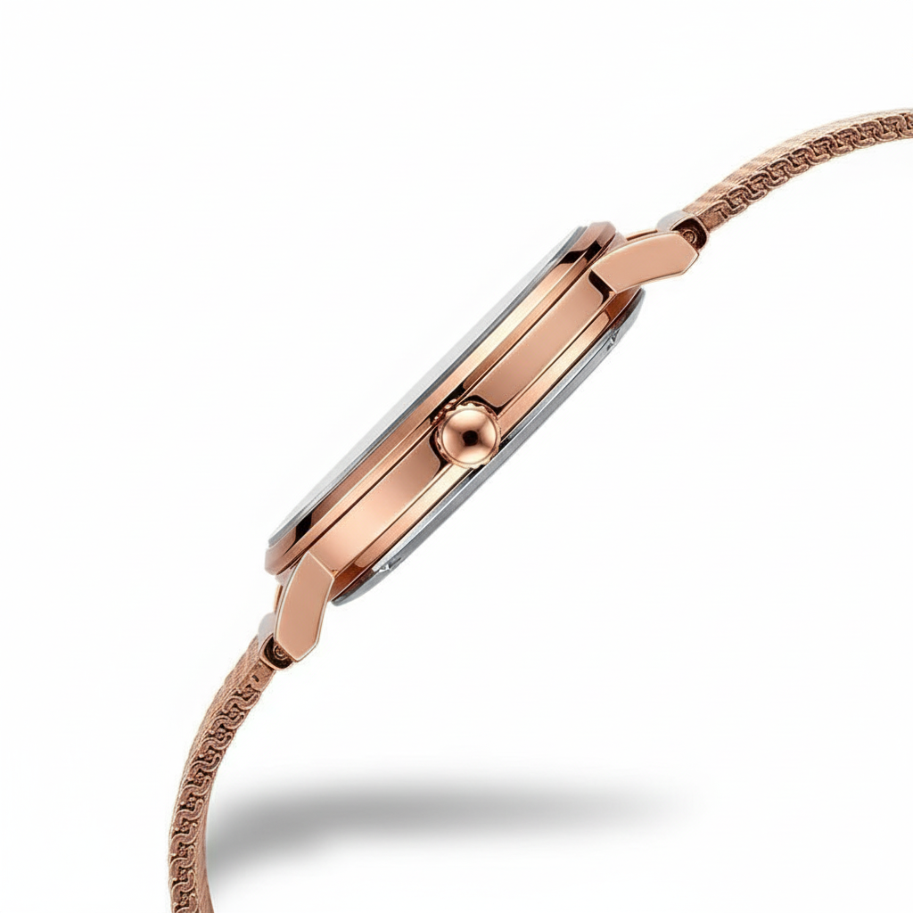 Rose gold watch with a white background