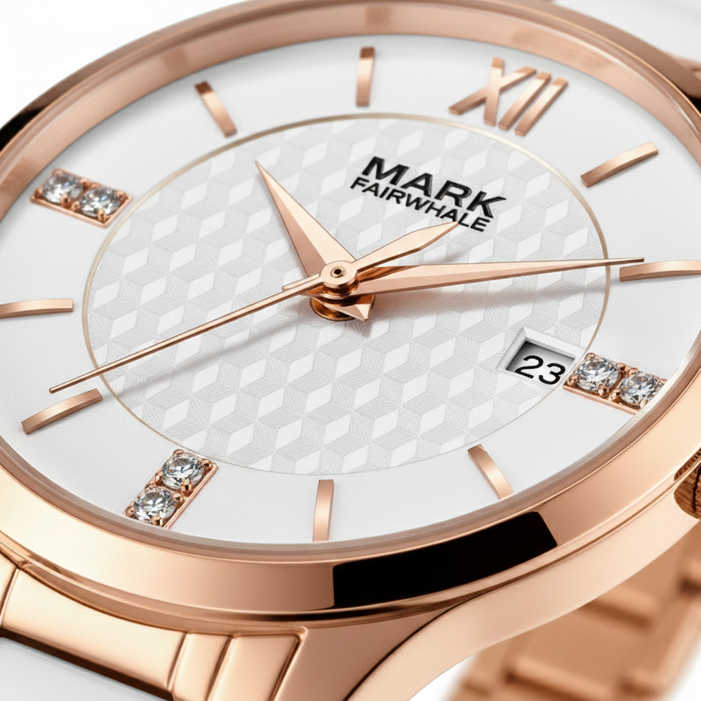 Rose gold watch with white dial and diamond accents, featuring the brand 'Mark Fairwhale'.