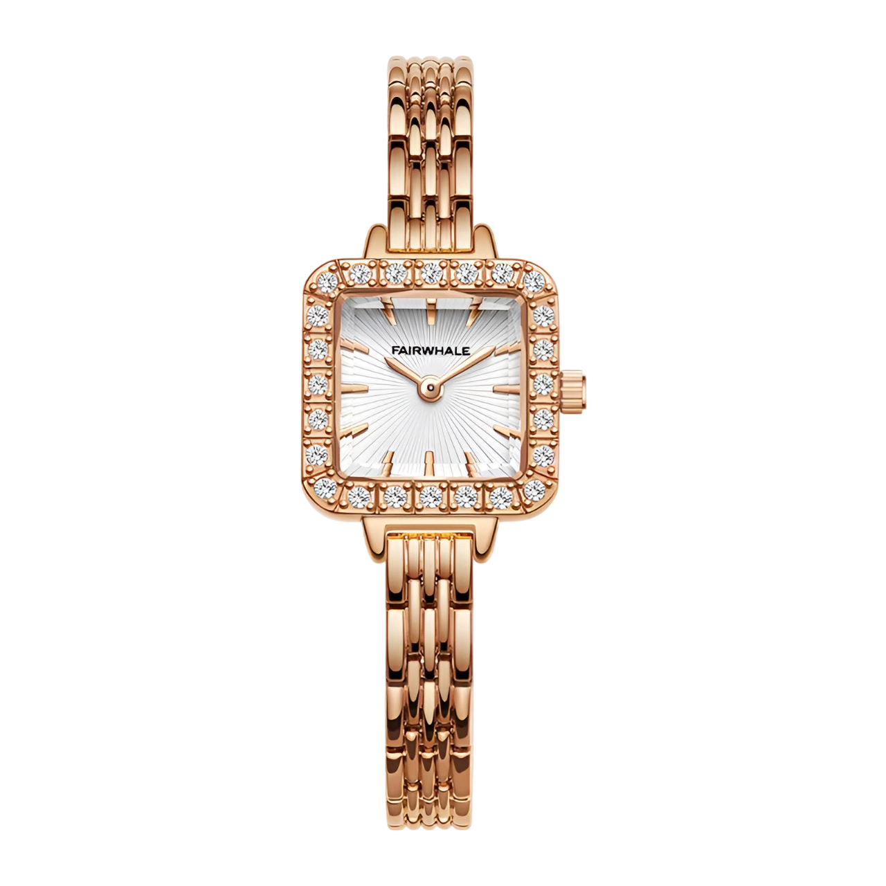 Rose gold watch with diamond accents on a white background