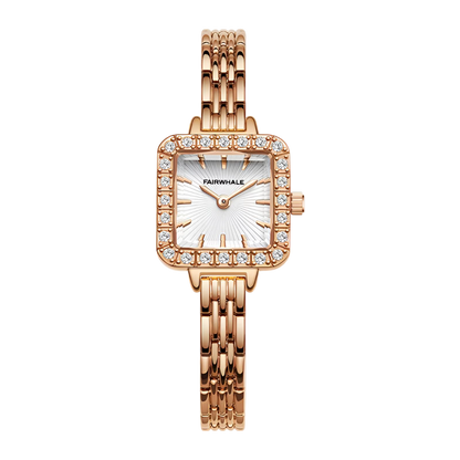 Rose gold watch with diamond accents on a white background