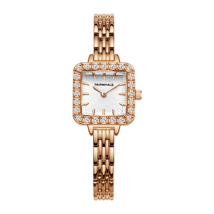 Rose gold watch with diamond accents on a white background