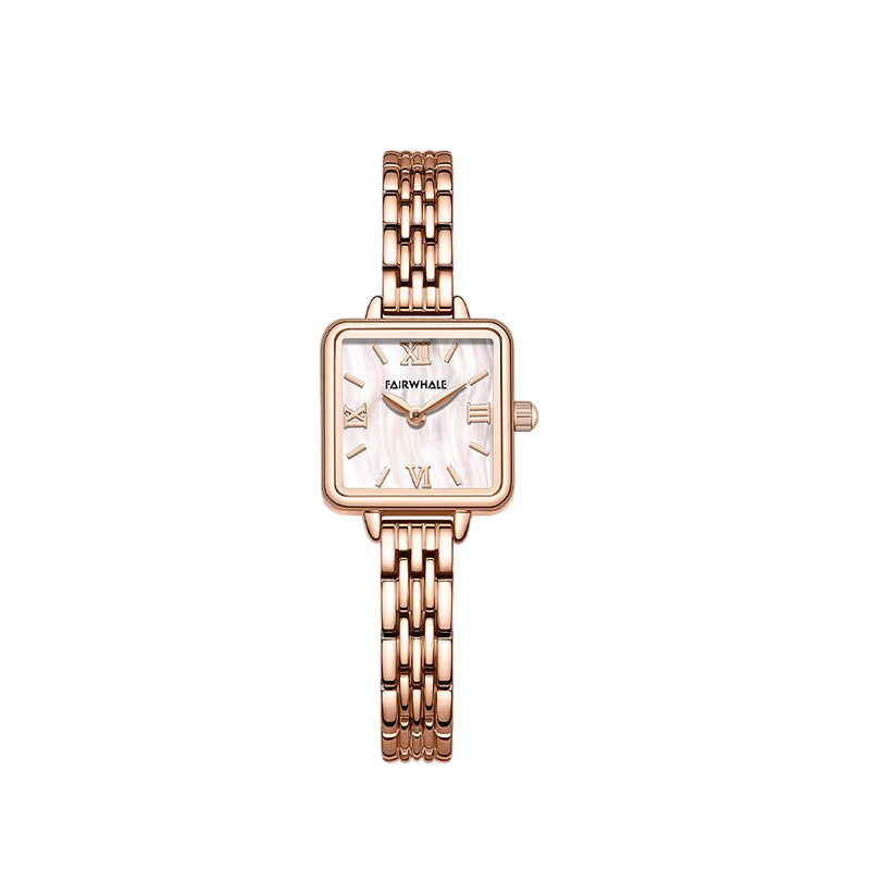 Rose gold watch with a white face on a white background