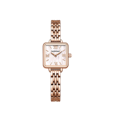 Rose gold watch with a white face on a white background