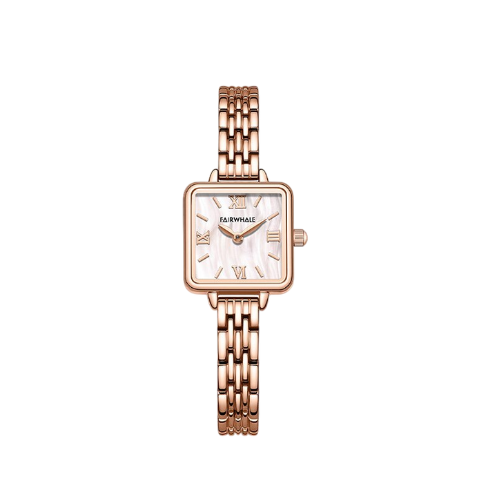 Rose gold watch with a white face on a white background