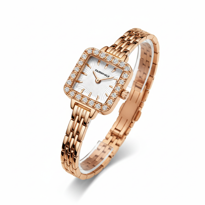 Rose gold watch with diamond accents on a white background