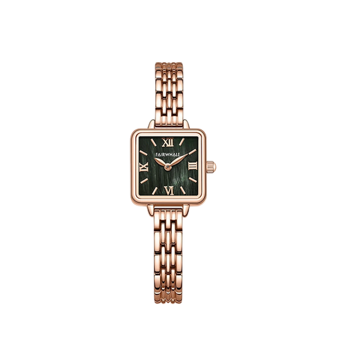 Rose gold watch with a green face on a white background