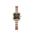 Rose gold watch with a green face on a white background