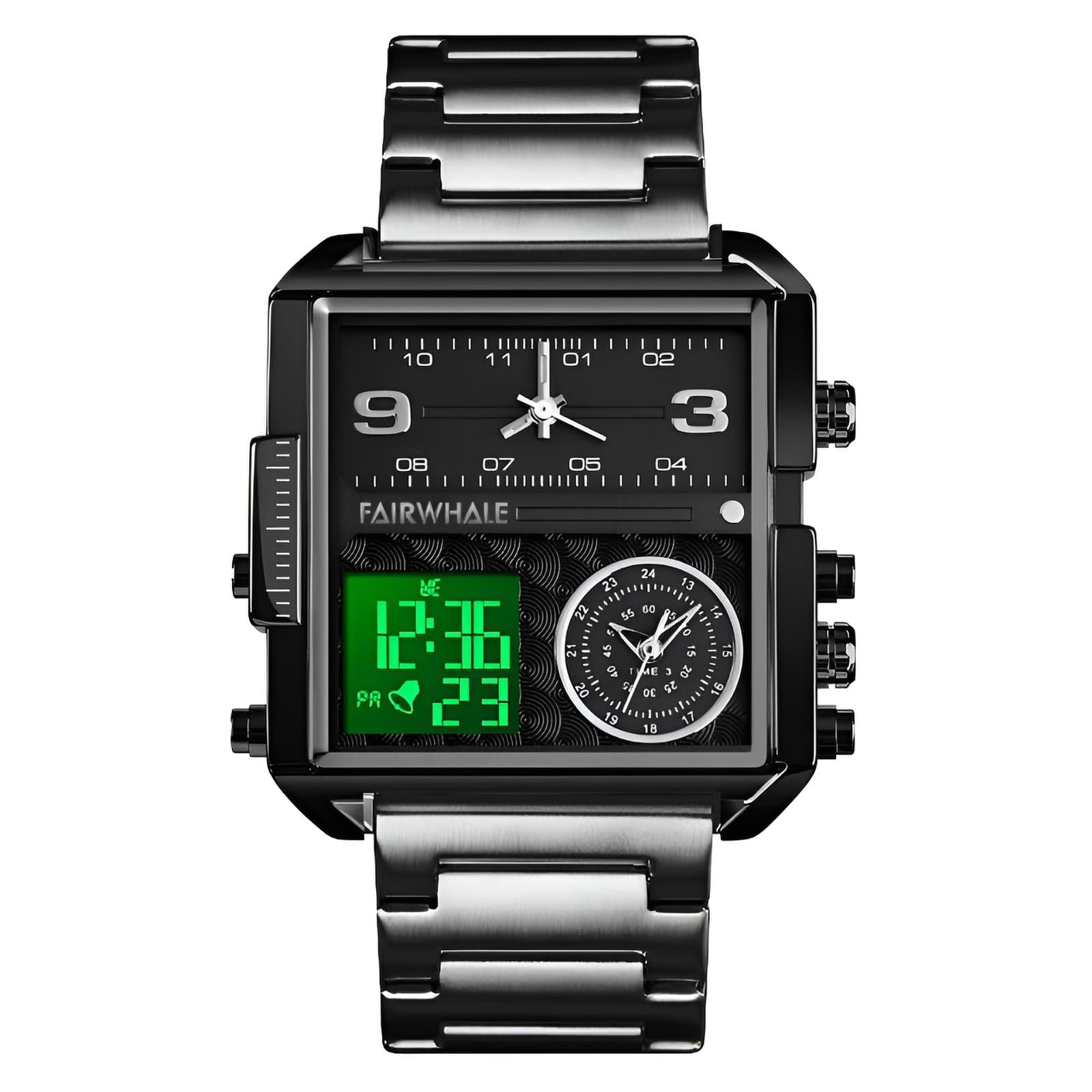 Mark Fairwhale TRICHRON FW-4270 quartz watch with LED digital display, leather strap, and waterproof design