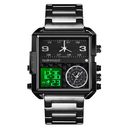 Mark Fairwhale TRICHRON FW-4270 quartz watch with LED digital display, leather strap, and waterproof design